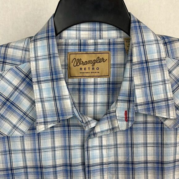 Wrangler Retro Snap Button Front Shirt Mens Sz XL Western White Blue Plaid - Picture 2 of 8